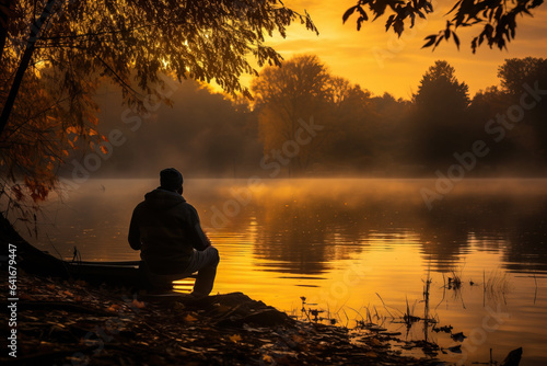 A fisherman patiently waits as the setting sun casts a warm and golden glow over the tranquil autumn lake 