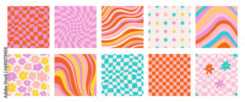 Set of funky groovy backgrounds vector design. Cool abstract colorful patterns. Y2K aesthetic, flat design, 1970 Daisy flowers, trippy grid, wavy swirl poster collection in bright colors. 