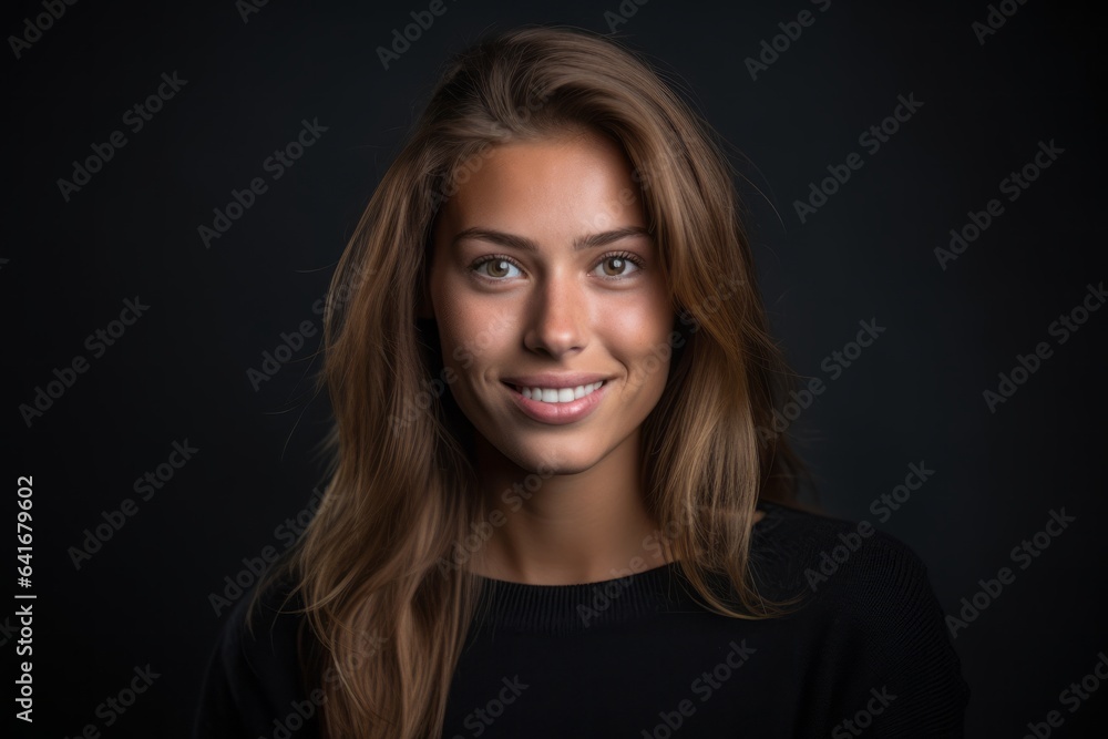 Lifestyle portrait photography of a beautiful girl in her 20s smiling against a dark grey background. With generative AI technology Lifestyle portrait photography of a beautiful girl in her 20s smiling against a dark grey background. With generative AI technology