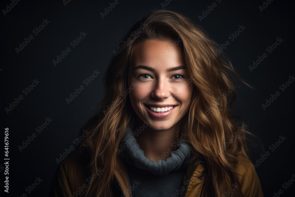 Naklejka premium Lifestyle portrait photography of a beautiful girl in her 20s smiling against a dark grey background. With generative AI technology