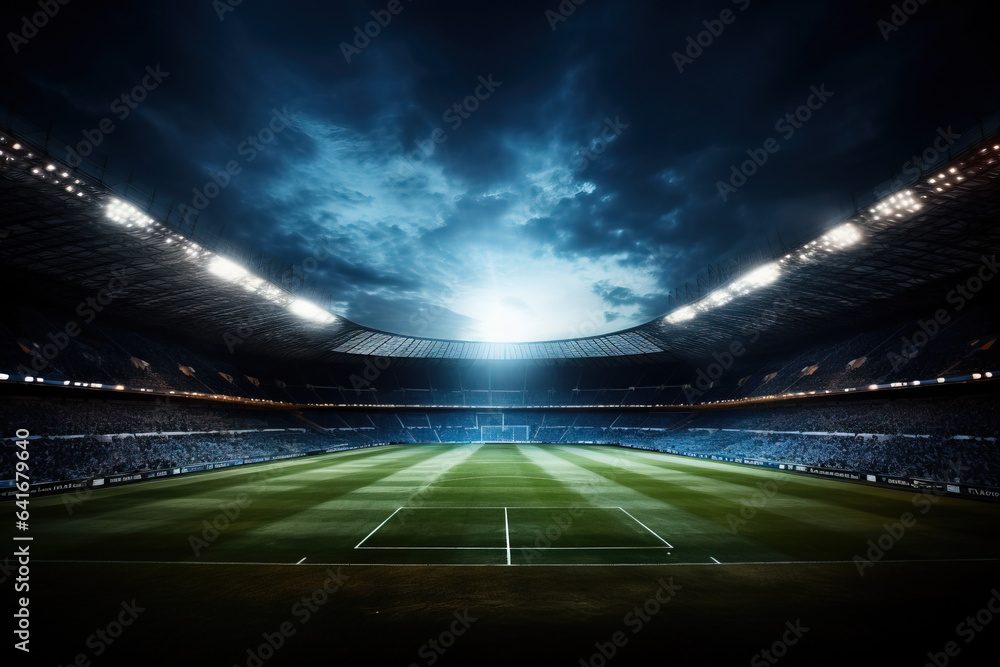 A stadium filled with excited fans a football field in the foreground background with empty space for text A stadium filled with excited fans a football field in the foreground background with empty space for text
