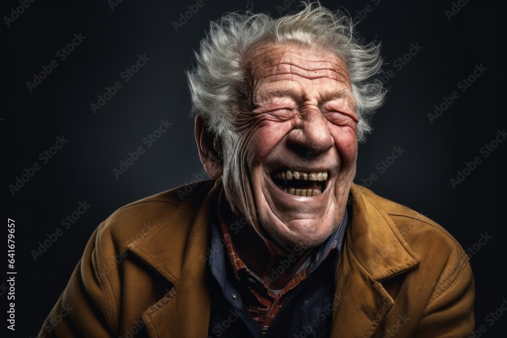 Medium shot portrait photography of a satisfied old man laughing against a dark grey background. With generative AI technology