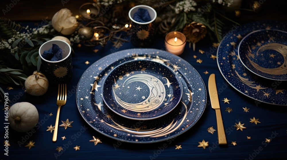  a table set with a blue and gold table cloth and place settings.  generative ai