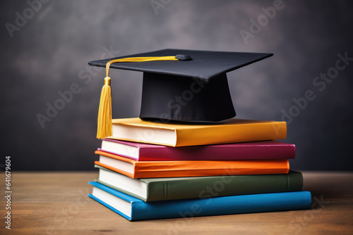 A stack of colorful books with a graduation cap on top symbolizing educational achievements on a clean white background 