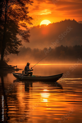 A solitary fisherman gracefully casts his line into a serene autumn lake capturing the beauty of a tranquil sunset 