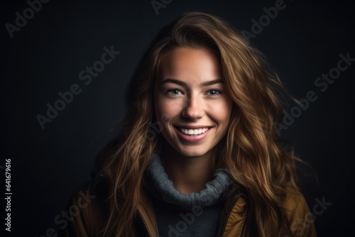 Lifestyle portrait photography of a beautiful girl in her 20s smiling against a dark grey background. With generative AI technology
