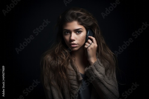 Lifestyle portrait photography of a tender girl in her 20s talking on the phone against a dark grey background. With generative AI technology