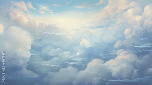  a painting of a blue sky with white clouds and sun. generative ai