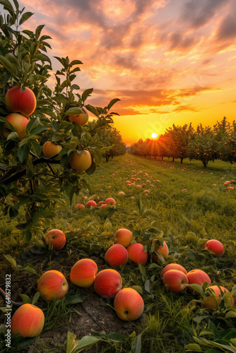 A warm sunset over a sprawling apple orchard background with empty space for text 