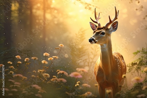 elegance of a graceful deer at sunrise as it peacefully grazes in a sun-kissed meadow - soft rays of light filtering through the trees - serene and ethereal atmosphere - generative ai © Cristiano Venti