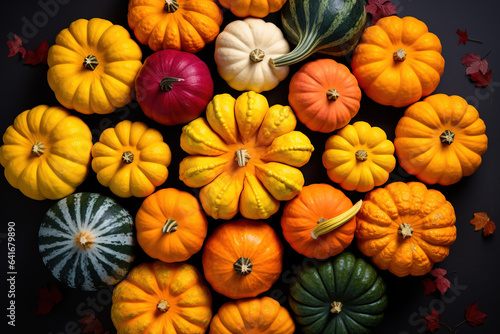 Colorful pumpkins arranged in a circle symbolize the autumn equinox a time of harvest and balance 