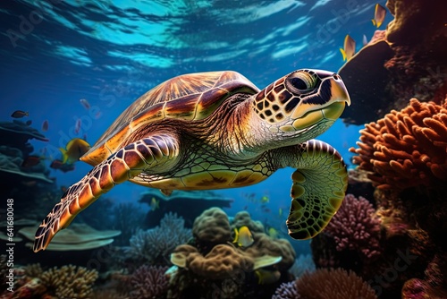 sea turtle swimming through coral reef - underwater life - ocean ecosystem - tropical aquatic environment - generative ai