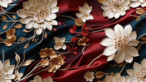  a close up of a red and blue fabric with flowers on it. generative ai