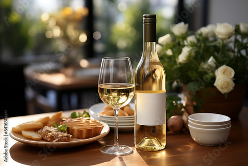 A glass of white wine and a bottle on the table with flowers under the sunrays. Generative AI.