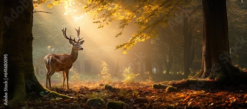 elegance of a graceful deer at sunrise as it peacefully grazes in a sun-kissed meadow - soft rays of light filtering through the trees - serene and ethereal atmosphere - generative ai