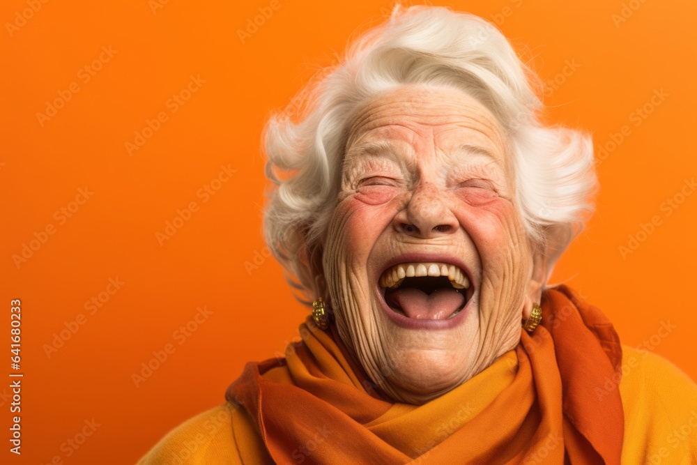 Close-up portrait photography of a joyful old woman winking against a tangerine orange background. With generative AI technology Close-up portrait photography of a joyful old woman winking against a tangerine orange background. With generative AI technology