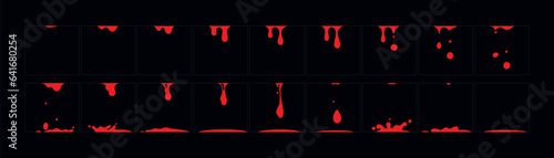 Blood drops animation effect. Falling blood drop  sprite sheet for game, 2d classic cartoon vector animated set.