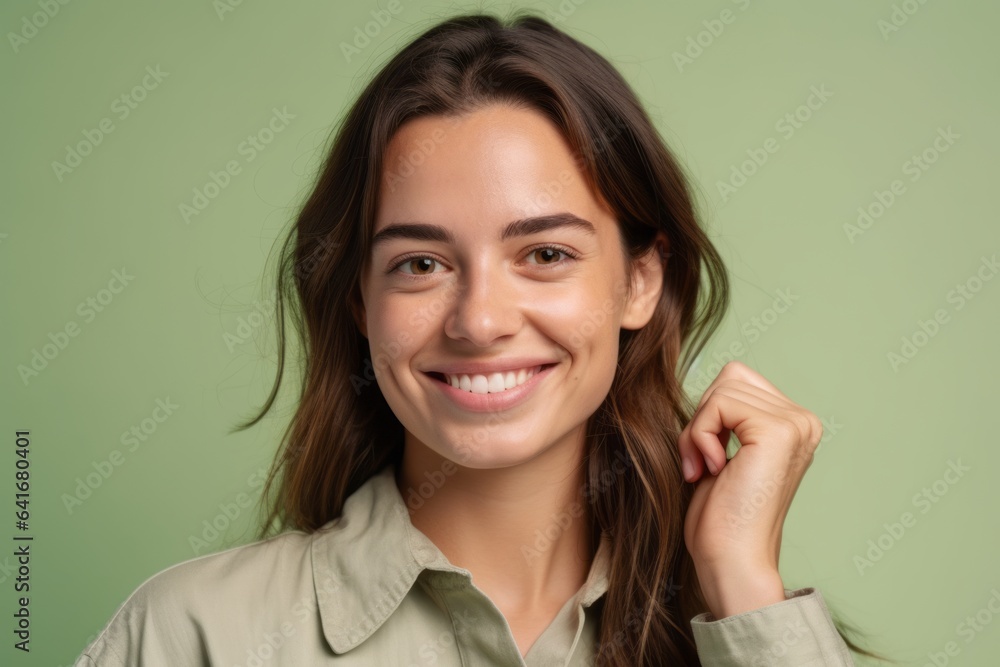 Close-up portrait photography of a tender girl in her 30s raising both thumbs up against a pastel green background. With generative AI technology Close-up portrait photography of a tender girl in her 30s raising both thumbs up against a pastel green background. With generative AI technology