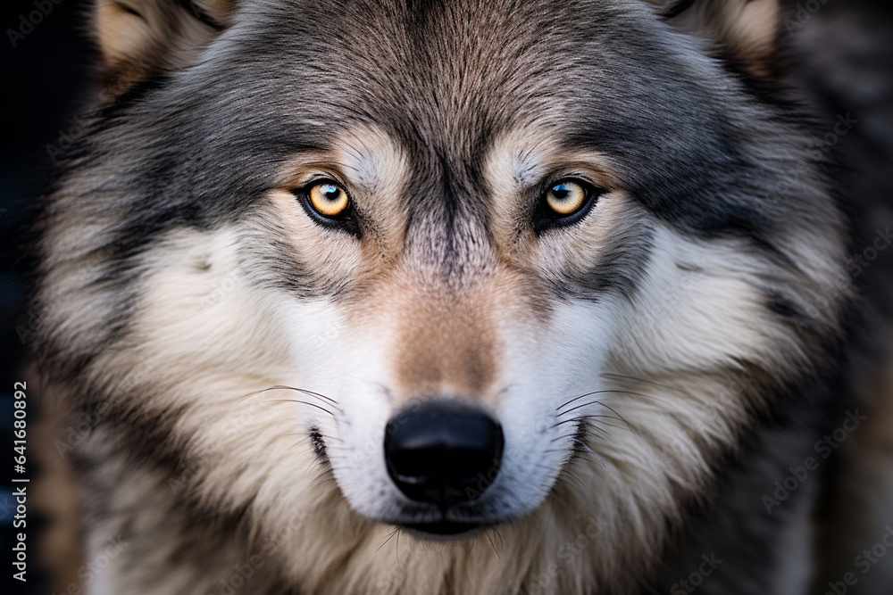 Close-up of a wolf's intense gaze, capturing the depth of their emotions and the bond of love within the pack, love