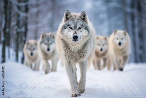 Majestic alpha wolf leading its pack through a snow-covered landscape, symbolizing the strength and unity that love fosters among the pack members, love