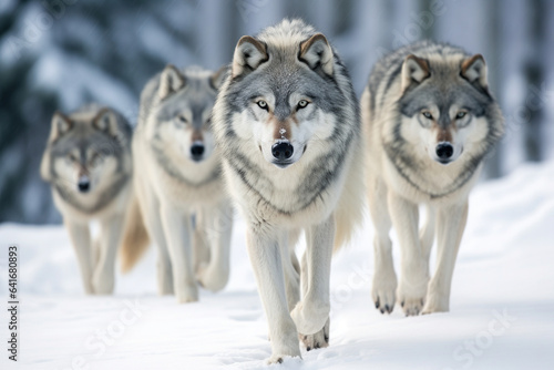 Majestic alpha wolf leading its pack through a snow-covered landscape  symbolizing the strength and unity that love fosters among the pack members  love