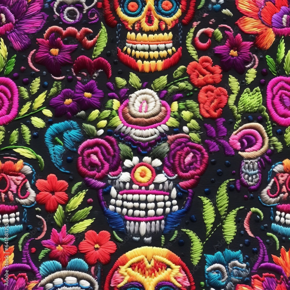 De Los Muertos Embroidery Digital Paper, Scull Seamless Pattern, Skeleton Needlework, Digital Embroidery, Tileable Mexican Embroidery