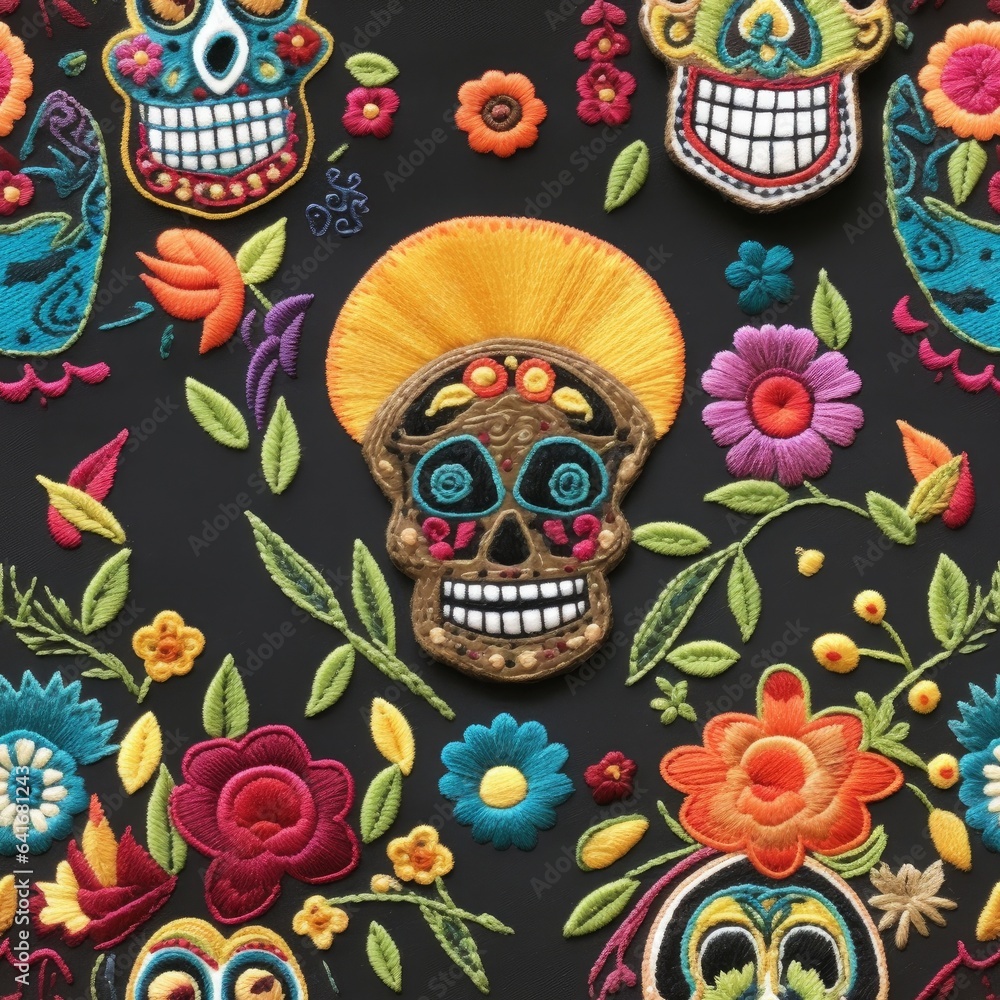 De Los Muertos Embroidery Digital Paper, Scull Seamless Pattern, Skeleton Needlework, Digital Embroidery, Tileable Mexican Embroidery