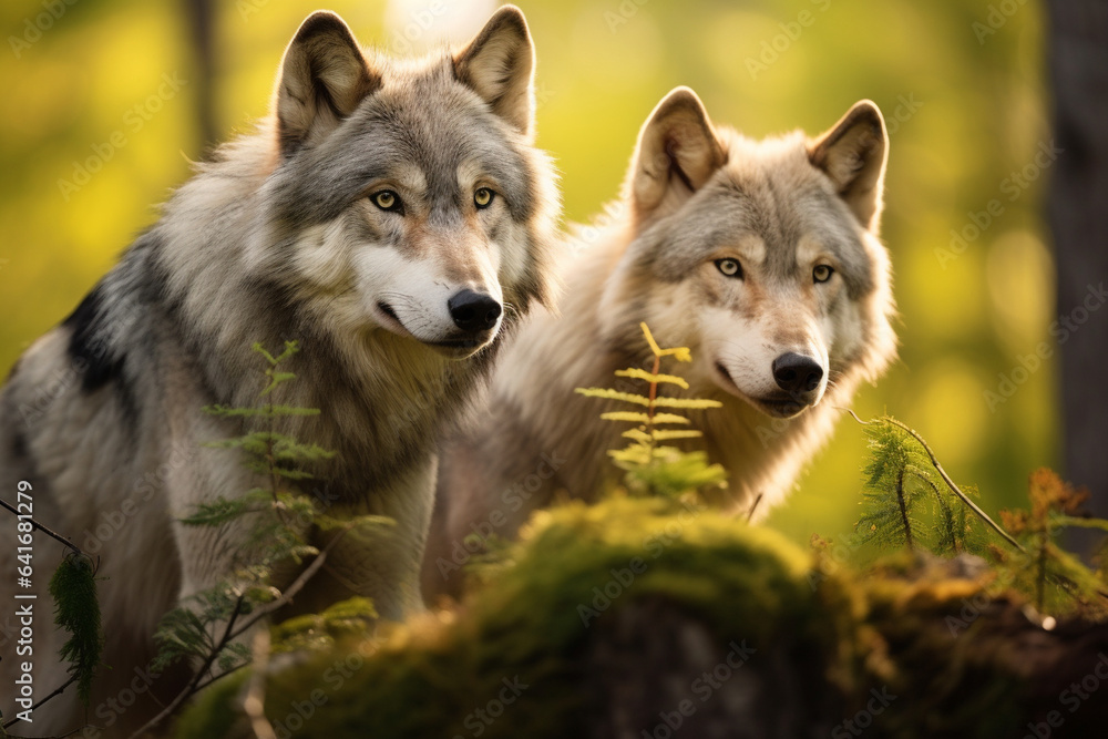 Wolves exploring their surroundings with attentive curiosity, depicting their inquisitive nature and the love that fuels their sense of exploration, love
