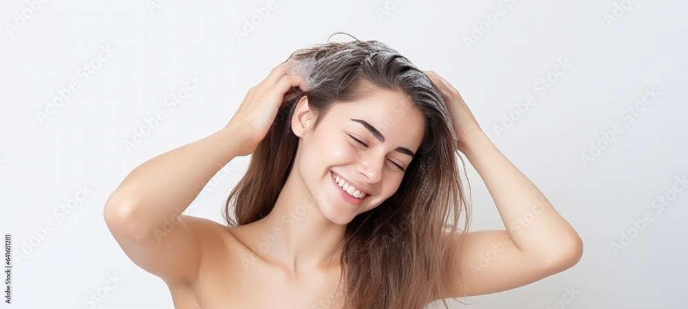 Woman is taking a shower and shampooing his hair in the shower washing his hair with shampoo and conditioner. Woman is taking a shower and shampooing his hair in the shower washing his hair with shampoo and conditioner.