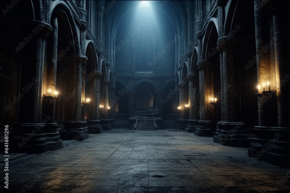 illustration of a mystical church hallway with fantasy candles.