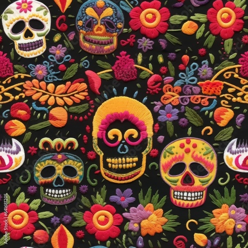 De Los Muertos Embroidery Digital Paper, Scull Seamless Pattern, Skeleton Needlework, Digital Embroidery, Tileable Mexican Embroidery