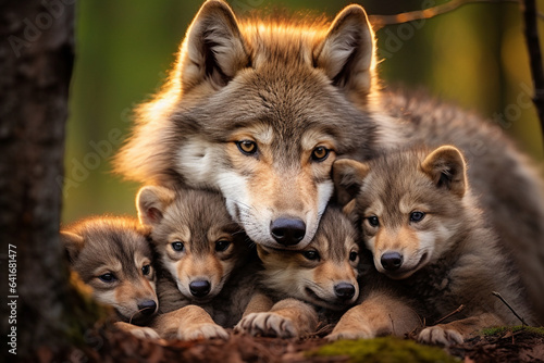 Wolves gathered around a resting pup, showcasing their nurturing instincts and the love that envelops the youngest members of the pack, love