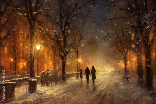 Illustration of two people walking down on snowing city street in winter © Simonforstock