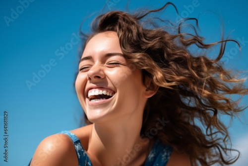 Close-up portrait photography of a grinning girl in her 20s laughing against a sky-blue background. With generative AI technology