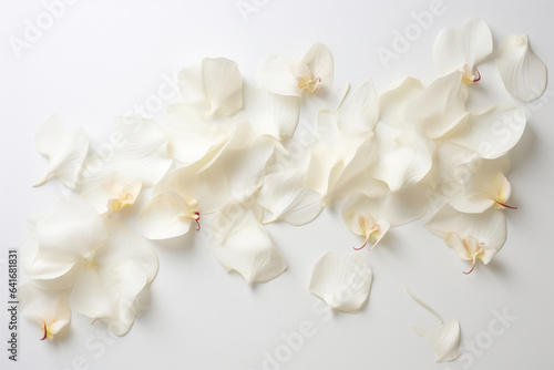 Orchid petals gently scattered on a white background, embodying the love and beauty of poetic simplicity and nature's artistry, love and beauty