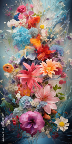 Floral plant creative concept, flowers explosion in smoke and mist of delicate colors on pastel blue background. Romantic decoration.