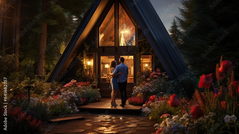 Obraz premium Couple staying at a romantic A frame cabin in the forest