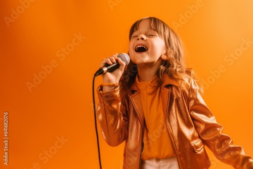 Medium shot portrait photography of a glad kid female dancing and singing song in microphone against a pastel orange background. With generative AI technology photo