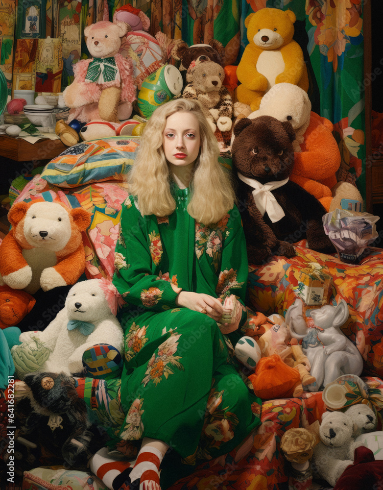 Vintage retro concept muted colors, a woman sitting in an armchair surrounded by a bunch of stuffed toys, stuffed teddy bears. An old-fashioned collector's collection.