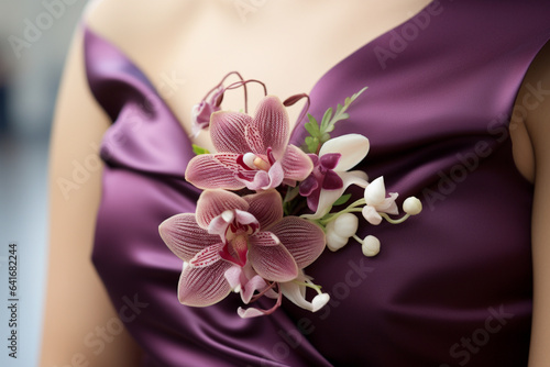 Orchid corsage elegantly pinned to a gown, symbolizing the love and beauty of adornment and the delicate touch it brings to special occasions, love and beauty