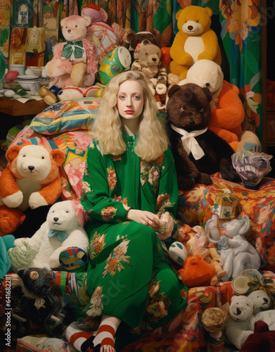 Vintage retro concept muted colors, a woman sitting in an armchair surrounded by a bunch of stuffed toys, stuffed teddy bears. An old-fashioned collector's collection.