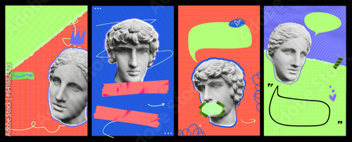 Statue Storis Templates. Vector vibrant designs with different textures and collage. Trendy illustrations for social networks