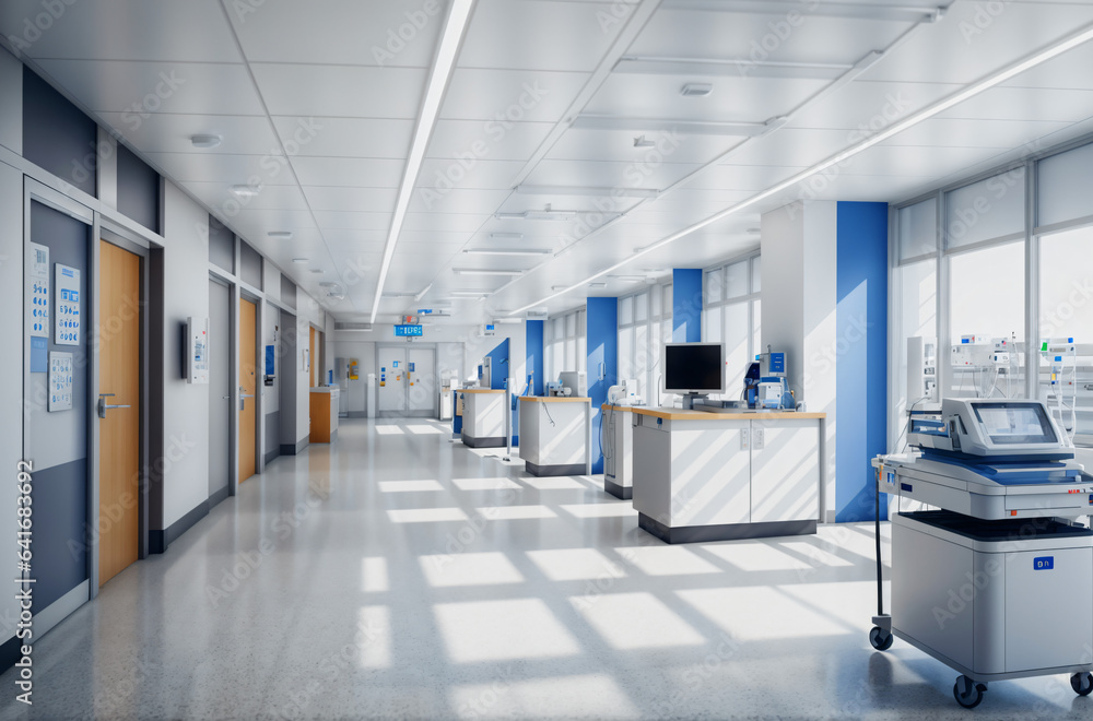 Guided by Care: Journey Through a Hospital Corridor in Blue and White