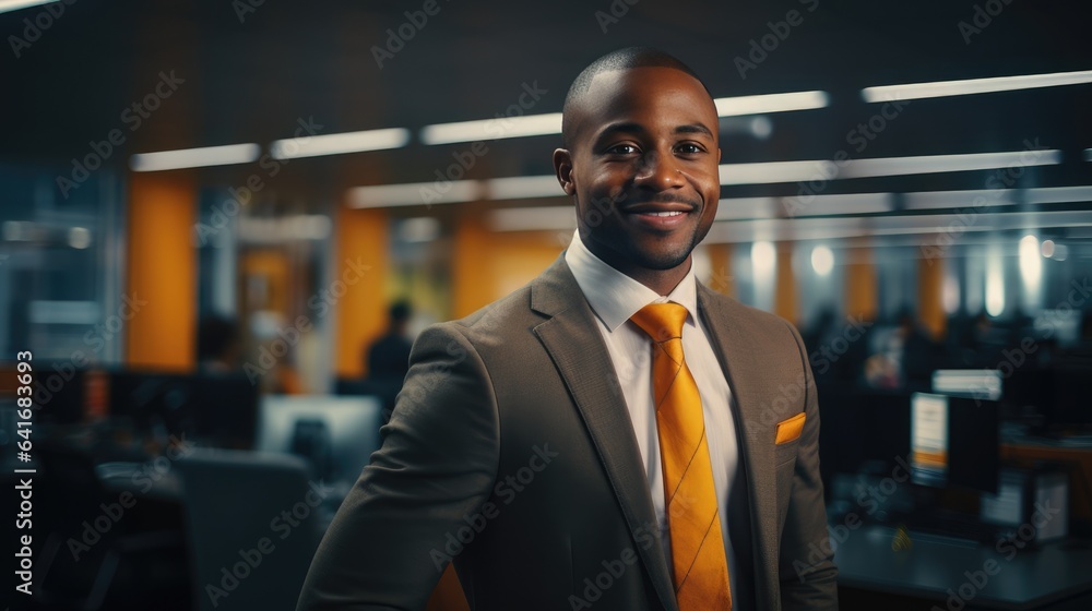 Fototapeta premium Portrait of a happy smiling black african american young businessman wearing a suit standing in an office