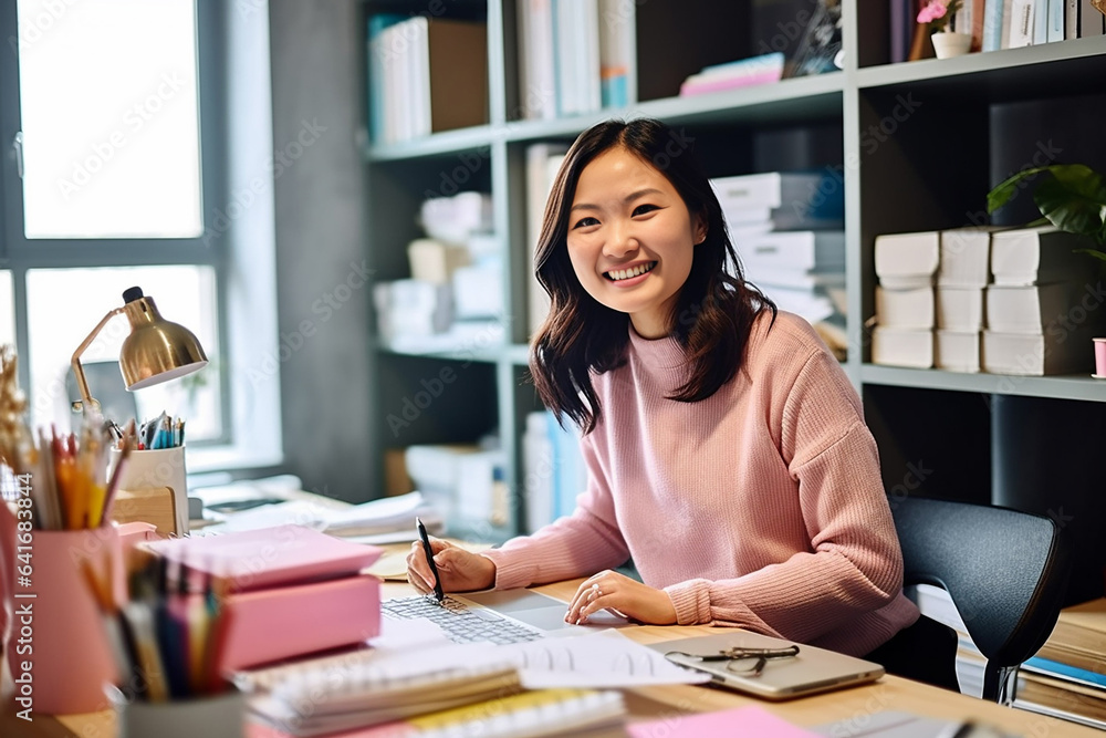 Young woman designer smiling. Portrait photo of woman interior designer working with material palette at her office. Doing some design work. Generative AI. Young woman designer smiling. Portrait photo of woman interior designer working with material palette at her office. Doing some design work. Generative AI.