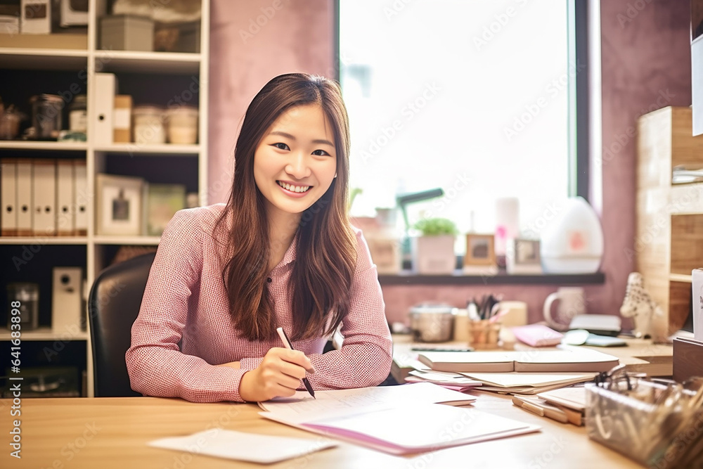 Young woman designer smiling. Portrait photo of woman interior designer working with material palette at her office. Doing some design work. Generative AI. Young woman designer smiling. Portrait photo of woman interior designer working with material palette at her office. Doing some design work. Generative AI.