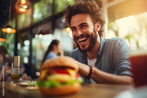 Obraz na płótnie Man Cherishing His Burger Experience at the Eatery