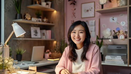 Young woman designer smiling. Portrait photo of woman interior designer working with material palette at her office. Doing some design work. Generative AI.