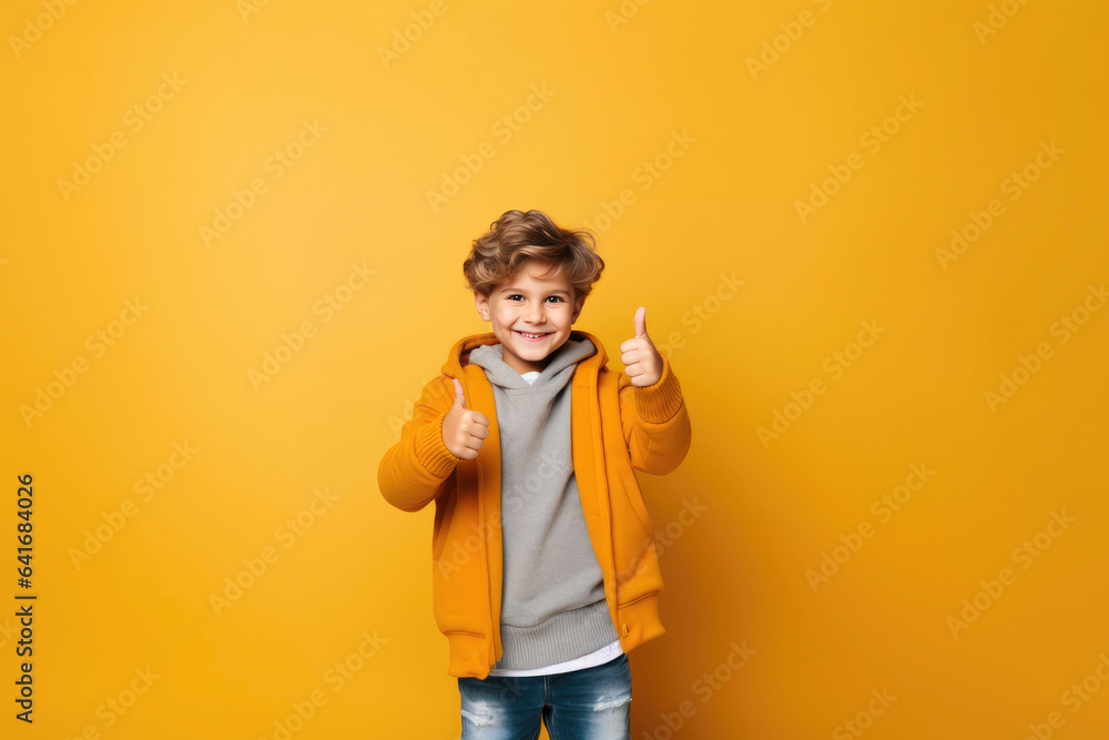Youthful Boy with Positive Gesture on Yellow Background Youthful Boy with Positive Gesture on Yellow Background