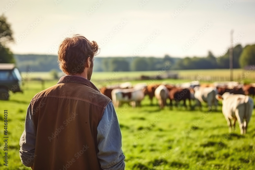 Experienced Farmer Nurturing Herd of Cows and Calves in Natural Setting